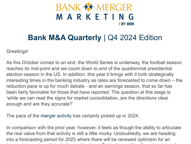 Bank Merger Marketing Bank M&A Quarterly Newsletter - Q4 2024