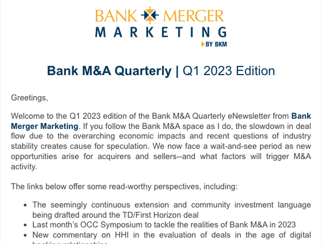 BKM Marketing Bank M&A Quarterly Newsletter Q1 2023