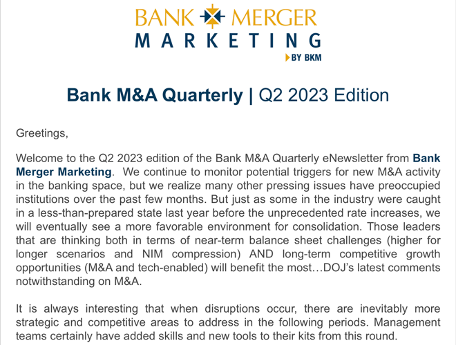 Bank Merger Marketing by BKM Marketing - Bank M&A Quarterly Newsletter Q2 2023